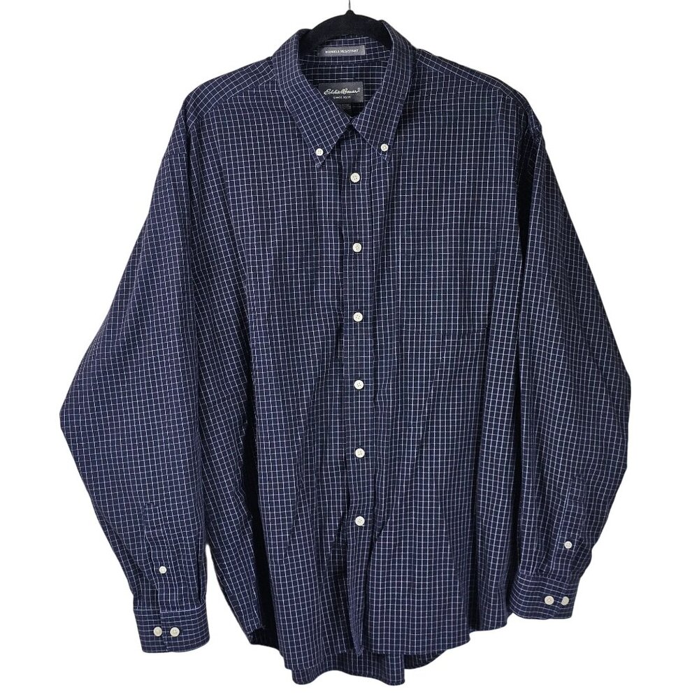 Eddie Bauer Button Down Shirt XL‎ Blue Checked Cotton Wrinkle Resistant Office